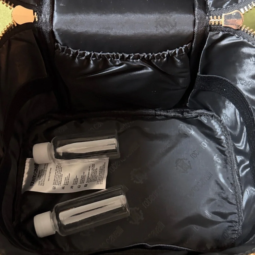 NEW Roberto Cavalli Black Embossed Monogram Cosmetic Bag Train Case